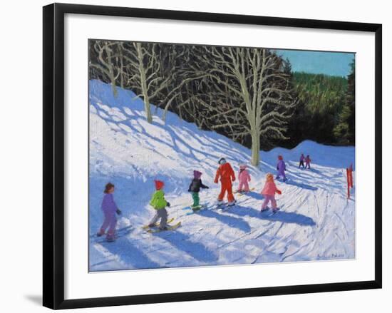 Children's Ski Lesson, Courchevel to La Tania, 2019 (Oil on Canvas)-Andrew Macara-Framed Giclee Print