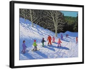 Children's Ski Lesson, Courchevel to La Tania, 2019 (Oil on Canvas)-Andrew Macara-Framed Giclee Print