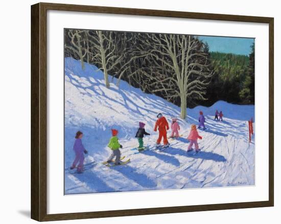 Children's Ski Lesson, Courchevel to La Tania, 2019 (Oil on Canvas)-Andrew Macara-Framed Giclee Print