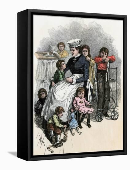 Children's Ward nurse with Her Patients at Bellevue Hospital, New York City, 1870s-null-Framed Stretched Canvas