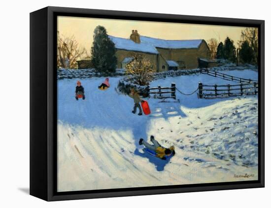 Children Sledging, Monyash, Derbyshire-Andrew Macara-Framed Stretched Canvas