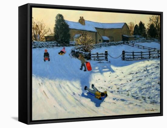 Children Sledging, Monyash, Derbyshire-Andrew Macara-Framed Stretched Canvas