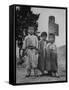 Children Standing in Front of Boundary Zone Sign Written in Russian, English, and Korean-John Florea-Framed Stretched Canvas