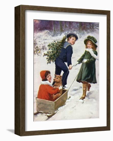 Children Taking Teddy for a Ride across the Snow-null-Framed Art Print