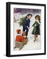 Children Taking Teddy for a Ride across the Snow-null-Framed Art Print