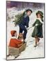 Children Taking Teddy for a Ride across the Snow-null-Mounted Art Print