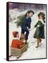 Children Taking Teddy for a Ride across the Snow-null-Framed Stretched Canvas