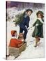 Children Taking Teddy for a Ride across the Snow-null-Stretched Canvas