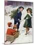 Children Taking Teddy for a Ride across the Snow-null-Mounted Art Print