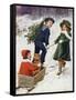 Children Taking Teddy for a Ride across the Snow-null-Framed Stretched Canvas