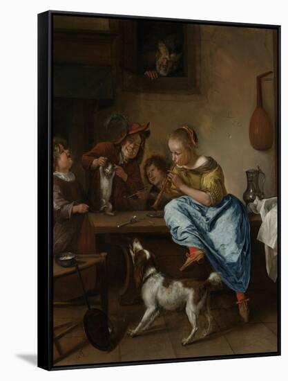 Children Teaching a Cat to Dance, known as the Dancing Lesson-Jan Havicksz Steen-Framed Stretched Canvas