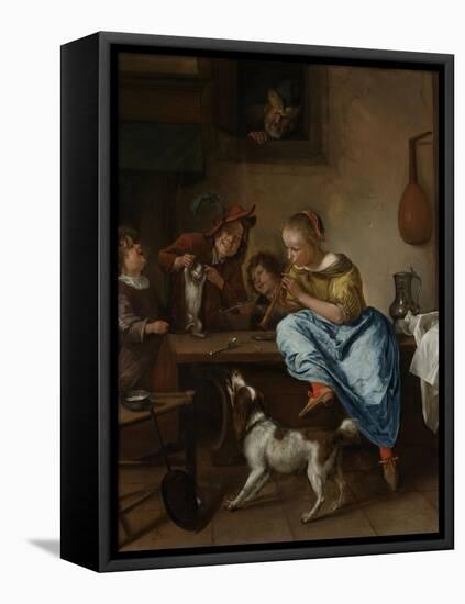 Children Teaching a Cat to Dance, known as the Dancing Lesson-Jan Havicksz Steen-Framed Stretched Canvas