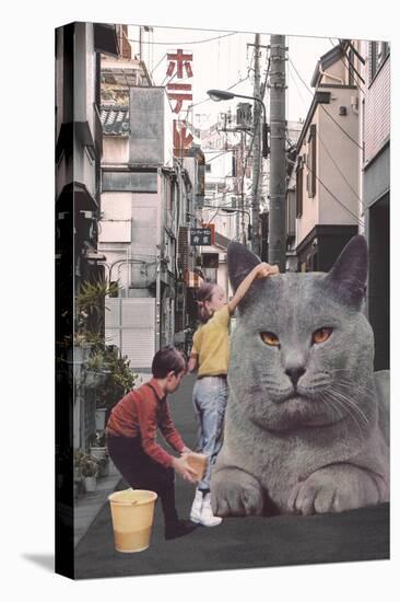 Children washing a giant Cat in Tokyo Streets-Florent Bodart-Stretched Canvas