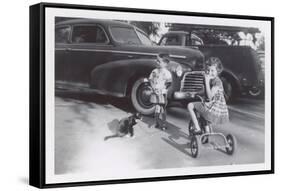 Children with Cat on Leash-null-Framed Stretched Canvas