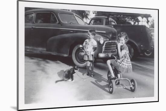 Children with Cat on Leash-null-Mounted Art Print