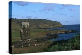 Chile, Easter Island, Rapa-Nui National Park, Ahu Ature Huki, Moai Statue and Shoreline-null-Stretched Canvas