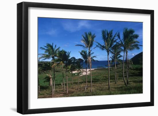 Chile, Easter Island, Rapa-Nui National Park, Anakena Bay, Ahu Nau Nau, Palm Trees and Moai Statues-null-Framed Giclee Print