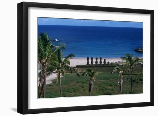 Chile, Easter Island, Rapa-Nui National Park, Anakena Bay, Ahu Nau Nau, Palm Trees and Moai Statues-null-Framed Giclee Print