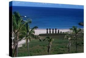 Chile, Easter Island, Rapa-Nui National Park, Anakena Bay, Ahu Nau Nau, Palm Trees and Moai Statues-null-Stretched Canvas