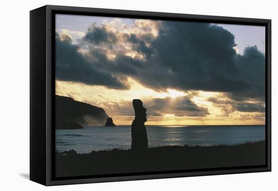 Chile, Easter Island, Rapa-Nui National Park, Tahai, Megalithic Anthropomorphic Statue at Sunset-null-Framed Stretched Canvas