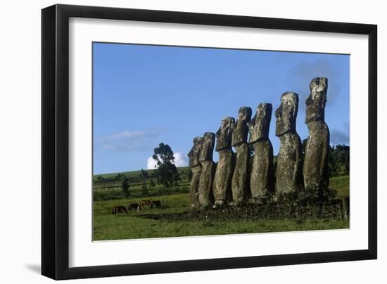 Chile, Easter Island, Rapa-Nui National Park, the Seven Moais at Akivi Ahu Stone Platform-null-Framed Giclee Print