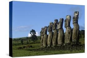 Chile, Easter Island, Rapa-Nui National Park, the Seven Moais at Akivi Ahu Stone Platform-null-Stretched Canvas