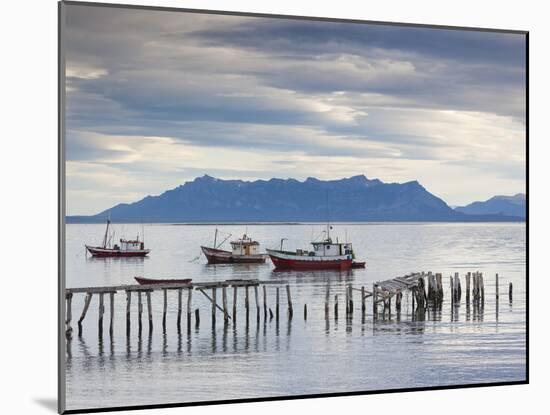 Chile, Magallanes Region, Puerto Natales, Fishing Boats, Seno Ultima Esperanza Bay-Walter Bibikow-Mounted Photographic Print