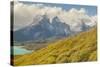 Chile, Patagonia. Lake Pehoe and The Horns mountains.-Jaynes Gallery-Stretched Canvas