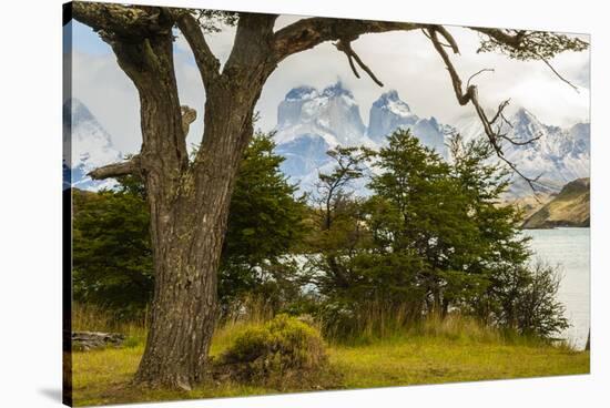Chile, Patagonia. Lake Pehoe and The Horns mountains.-Jaynes Gallery-Stretched Canvas