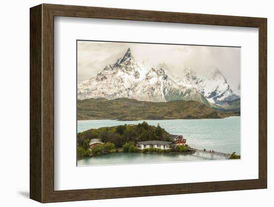 Chile, Patagonia. Lake Pehoe Lodge and The Horns mountains.-Jaynes Gallery-Framed Photographic Print