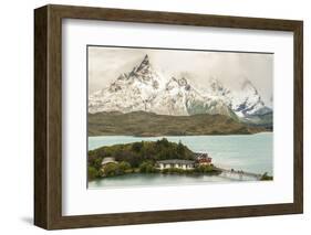 Chile, Patagonia. Lake Pehoe Lodge and The Horns mountains.-Jaynes Gallery-Framed Photographic Print