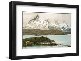 Chile, Patagonia. Lake Pehoe Lodge and The Horns mountains.-Jaynes Gallery-Framed Photographic Print