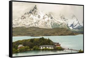 Chile, Patagonia. Lake Pehoe Lodge and The Horns mountains.-Jaynes Gallery-Framed Stretched Canvas
