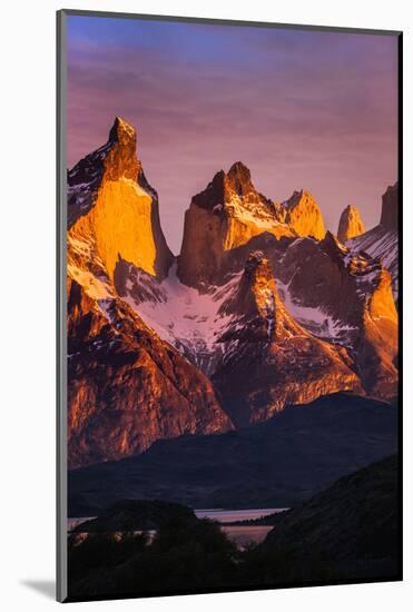 Chile, Torres Del Paine, Magallanes Province. Sunrise over the Peaks of Cuernos Del Paine.-Nigel Pavitt-Mounted Photographic Print