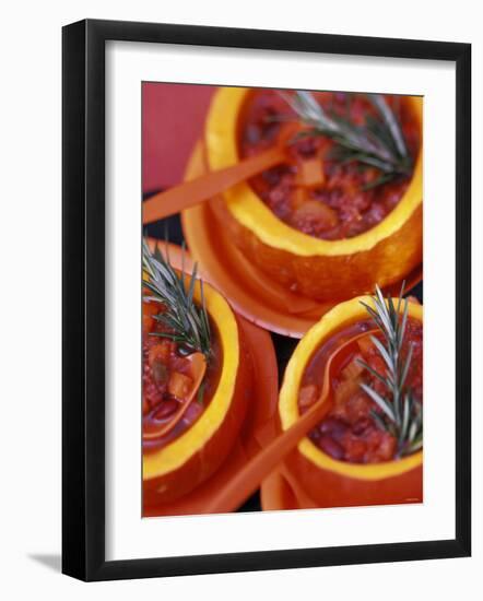 Chili Con Carne Served in Small Pumpkins-null-Framed Photographic Print