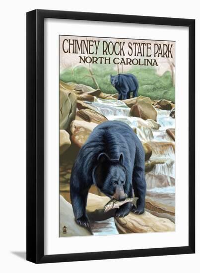 Chimney Rock State Park, NC - Bear Fishing in Stream-Lantern Press-Framed Art Print