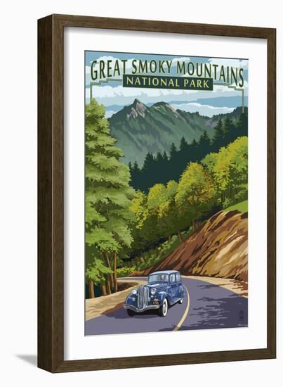 Chimney Tops and Road - Great Smoky Mountains National Park, TN-Lantern Press-Framed Art Print