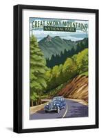 Chimney Tops and Road - Great Smoky Mountains National Park, TN-Lantern Press-Framed Art Print