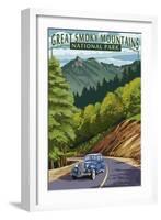 Chimney Tops and Road - Great Smoky Mountains National Park, TN-Lantern Press-Framed Art Print