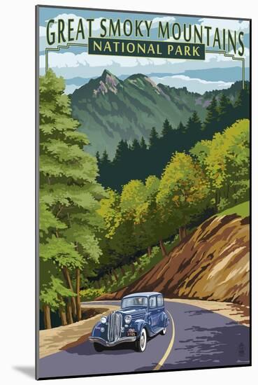 Chimney Tops and Road - Great Smoky Mountains National Park, TN-Lantern Press-Mounted Art Print