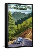 Chimney Tops and Road - Great Smoky Mountains National Park, TN-Lantern Press-Framed Stretched Canvas