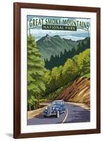 Chimney Tops and Road - Great Smoky Mountains National Park, TN-Lantern Press-Framed Art Print