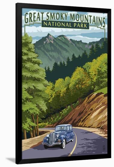 Chimney Tops and Road - Great Smoky Mountains National Park, TN-Lantern Press-Framed Art Print