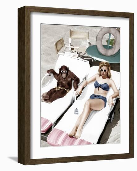 Chimpanzee and a Woman Sunbathing-null-Framed Photo