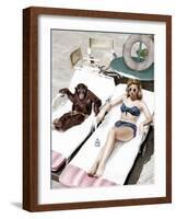 Chimpanzee and a Woman Sunbathing-null-Framed Photo