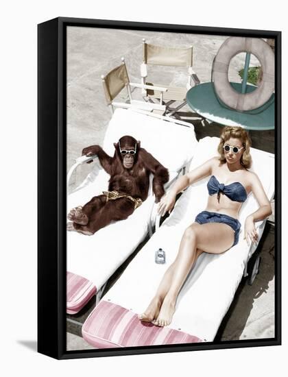 Chimpanzee and a Woman Sunbathing-null-Framed Stretched Canvas