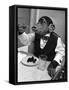 Chimpanzee Dining at a Table-null-Framed Stretched Canvas