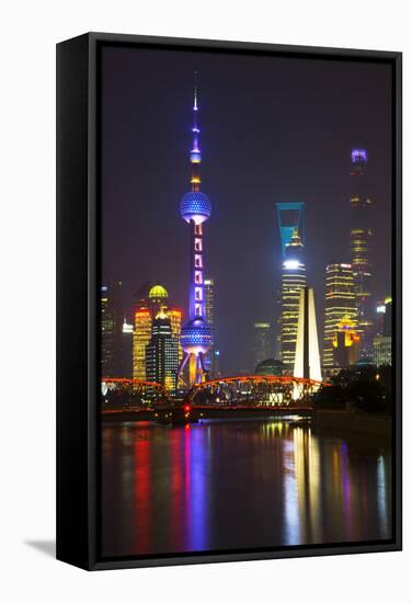 China 10MKm2 Collection - Shanghai Skyline with Oriental Pearl Tower at night-Philippe Hugonnard-Framed Stretched Canvas