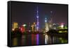 China 10MKm2 Collection - Shanghai Skyline with Oriental Pearl Tower at night-Philippe Hugonnard-Framed Stretched Canvas