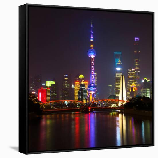 China 10MKm2 Collection - Shanghai Skyline with Oriental Pearl Tower at night-Philippe Hugonnard-Framed Stretched Canvas